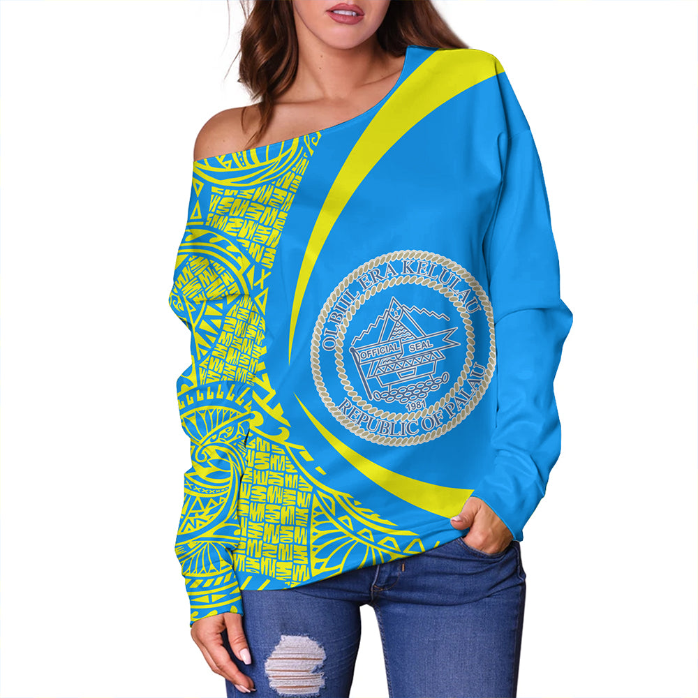 Palau Off Shoulder Sweatshirt Coat Of Arm Lauhala Circle
