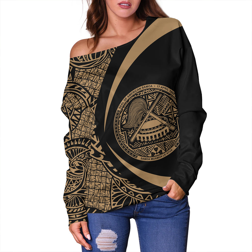 Samoa Off Shoulder Sweatshirt American Samoa Coat Of Arm Lauhala Gold Circle