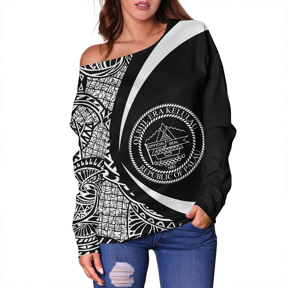 Palau Off Shoulder Sweatshirt Coat Of Arm Lauhala White Circle