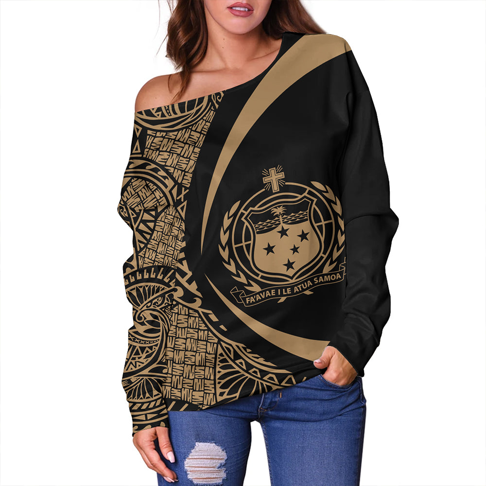 Samoa Off Shoulder Sweatshirt Coat Of Arm Lauhala Gold Circle