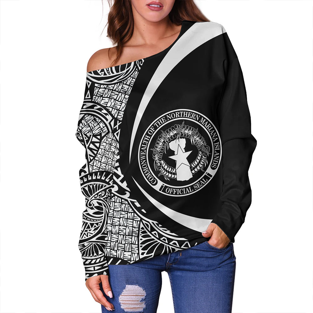 Northern Mariana Islands Off Shoulder Sweatshirt Coat Of Arm Lauhala White Circle