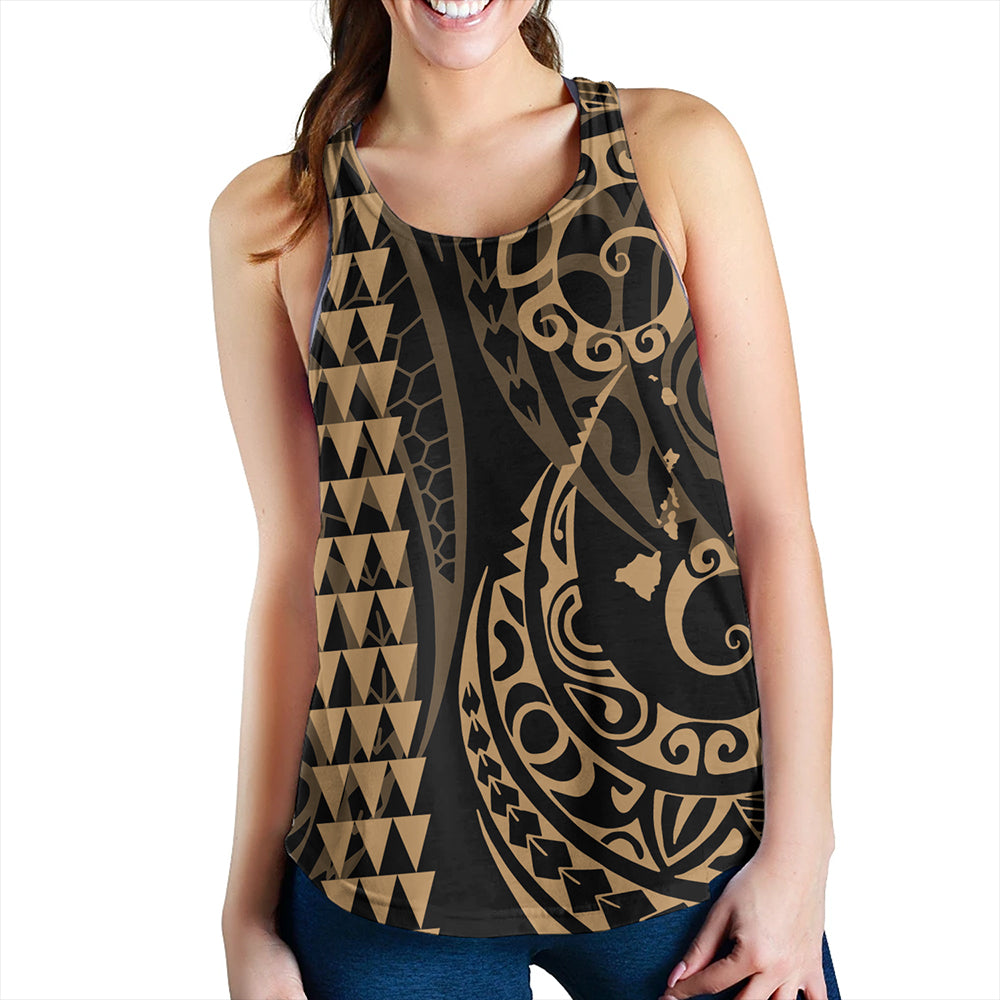 Hawaii Women Tank Hawaiian Map Kakau Style Gold