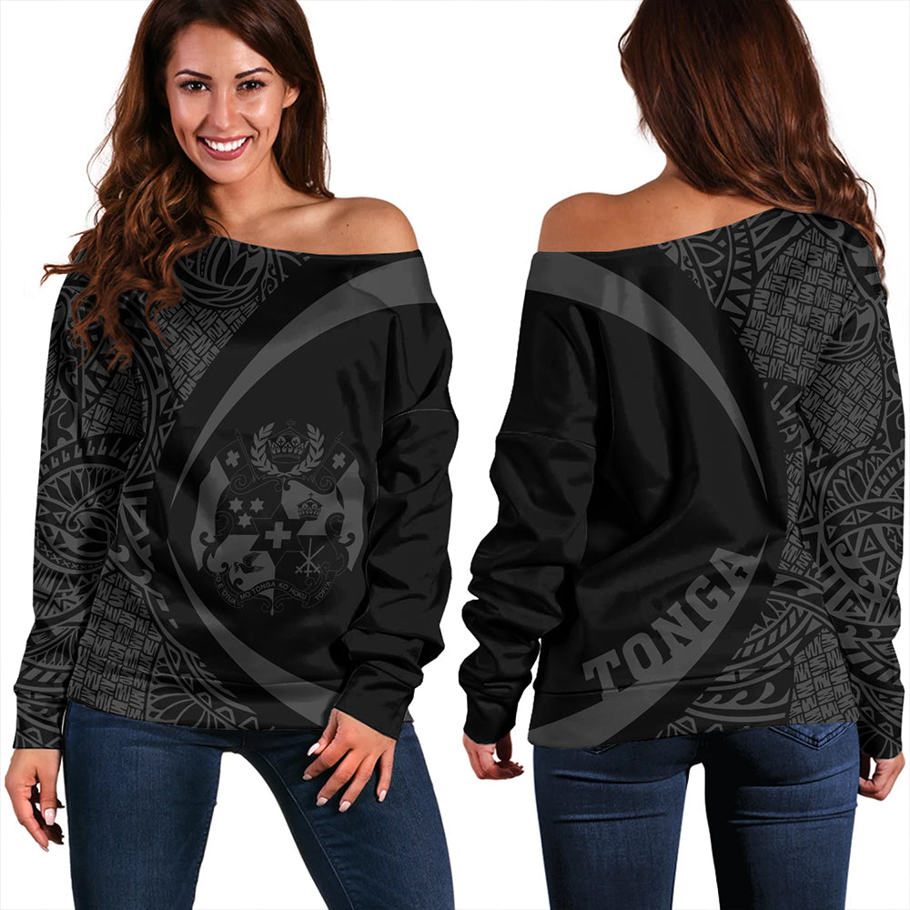 Tonga Off Shoulder Sweatshirt Coat Of Arm Lauhala Gray Ver 2 Circle