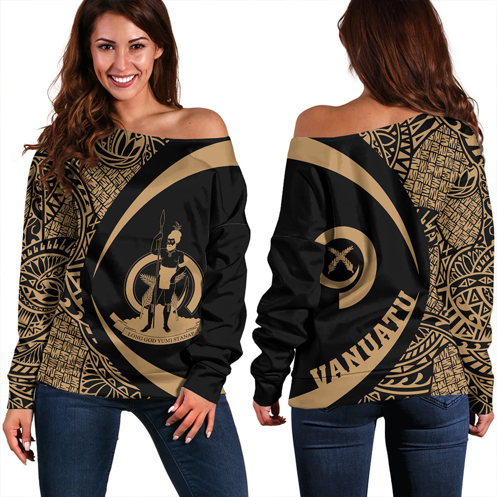 Vanuatu Off Shoulder Sweatshirt Coat Of Arm Lauhala Gold Circle