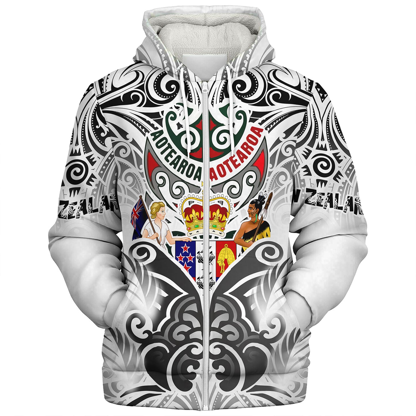 New Zealand Aotearoa Sherpa Hoodie Maori Traditional Hongi - The Breath Of Life Coat Of Arms Tribal Patterns