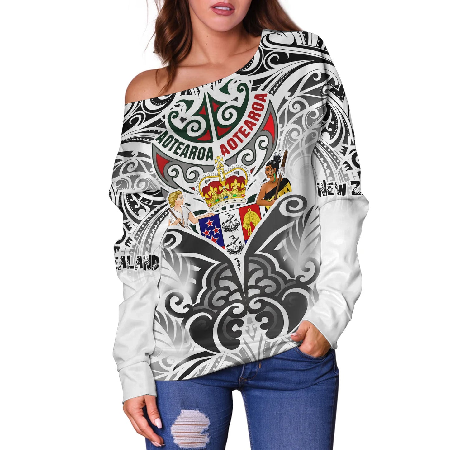 New Zealand Aotearoa Off Shoulder Sweatshirt Maori Traditional Hongi - The Breath Of Life Coat Of Arms Tribal Patterns
