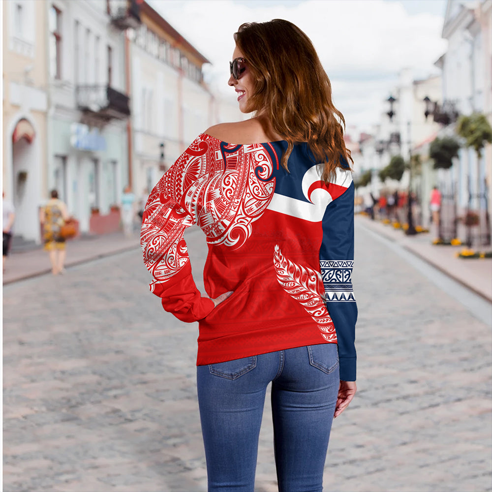 New Zealand Off Shoulder Sweatshirt Tino Rangatiratanga Maori With Silver Fern Version.2