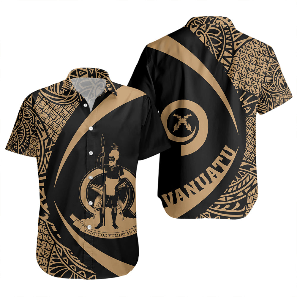 Vanuatu Short Sleeve Shirt Coat Of Arm Lauhala Gold Circle