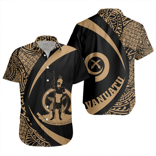 Vanuatu Short Sleeve Shirt Coat Of Arm Lauhala Gold Circle
