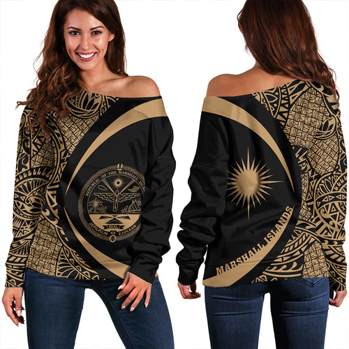 Marshall Islands Off Shoulder Sweatshirt Coat Of Arm Lauhala Gold Circle