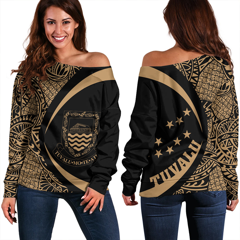 Tuvalu Off Shoulder Sweatshirt Coat Of Arm Lauhala Gold Circle