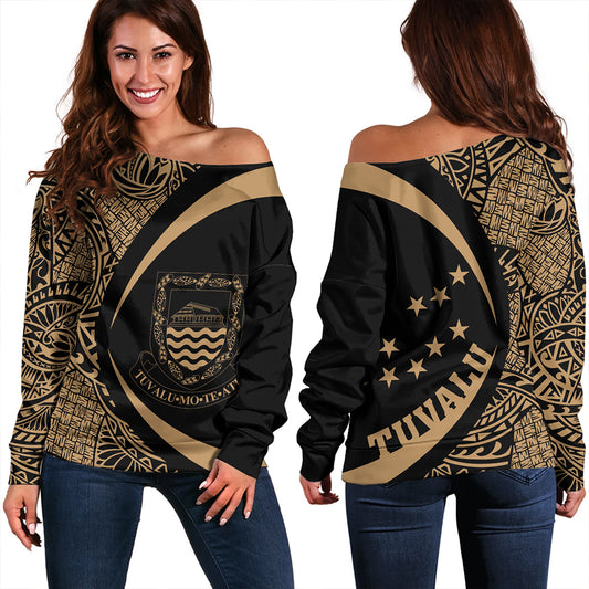Tuvalu Off Shoulder Sweatshirt Coat Of Arm Lauhala Gold Circle
