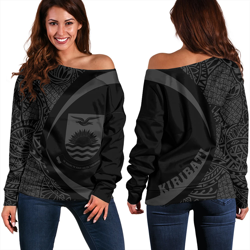 Kiribati Off Shoulder Sweatshirt Coat Of Arm Lauhala Gray Circle