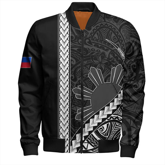 Philippines Bomber Jacket Tribal Polynesian Sun Gray