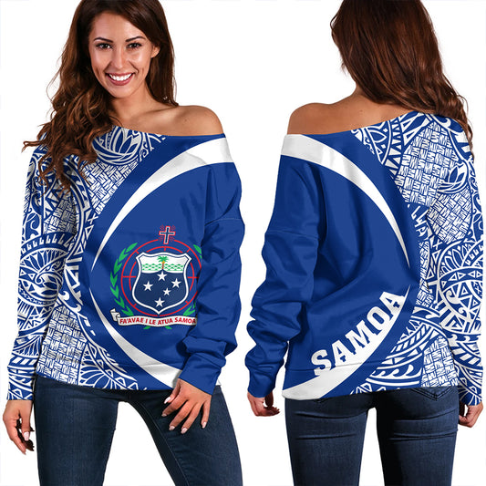 Samoa Off Shoulder Sweatshirt Coat Of Arm Lauhala Rugby Circle