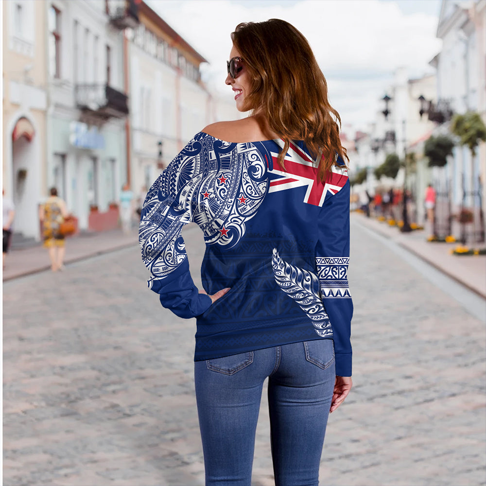 New Zealand Off Shoulder Sweatshirt Aotearoa Maori Tribal Flag With Silver Frern