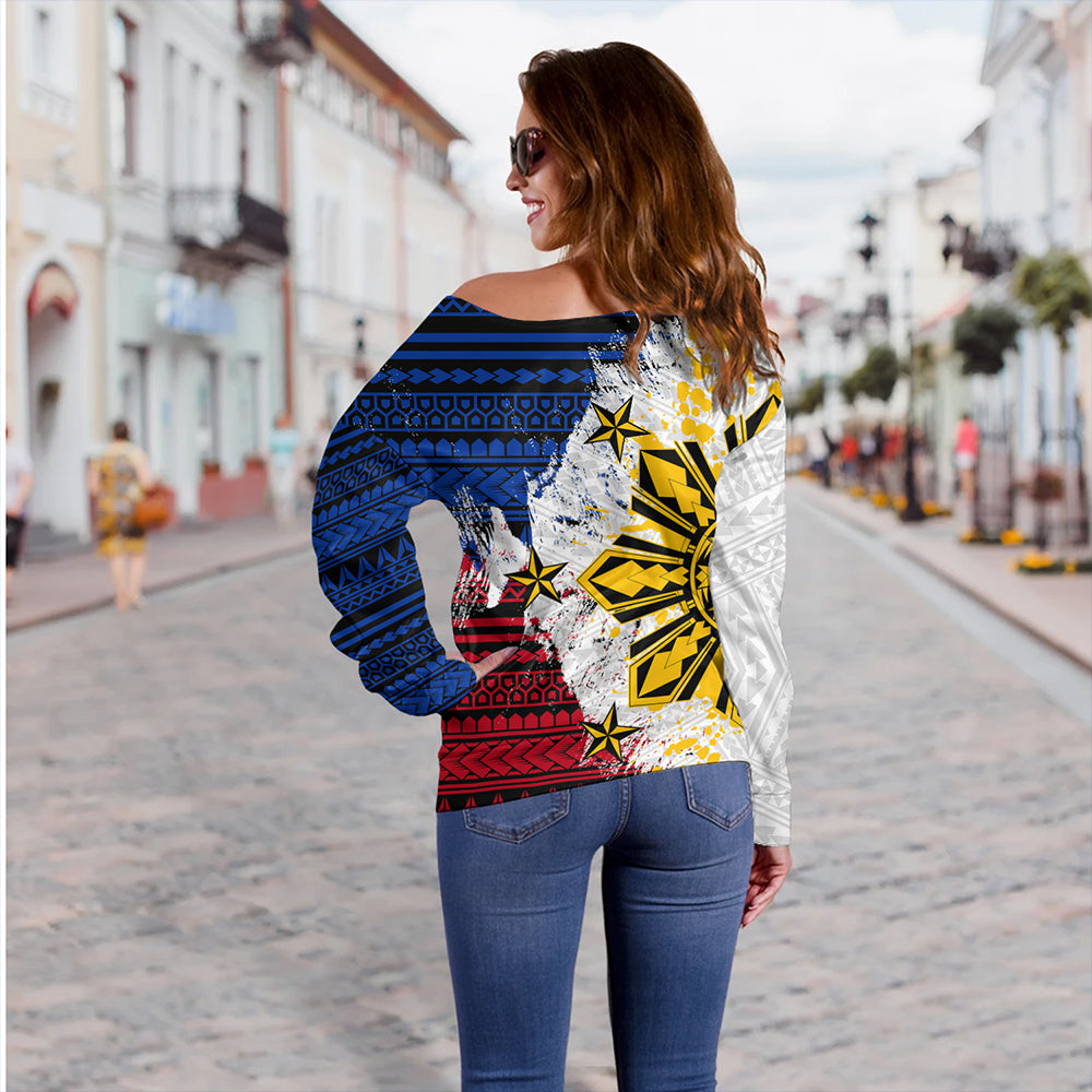 Philippines Off Shoulder Sweatshirt Filipino Sun Flag Grunge Style