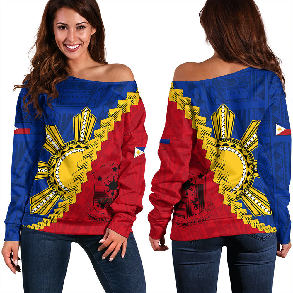 Philippines Off Shoulder Sweatshirt Philippines Sun Polynesian With Flag