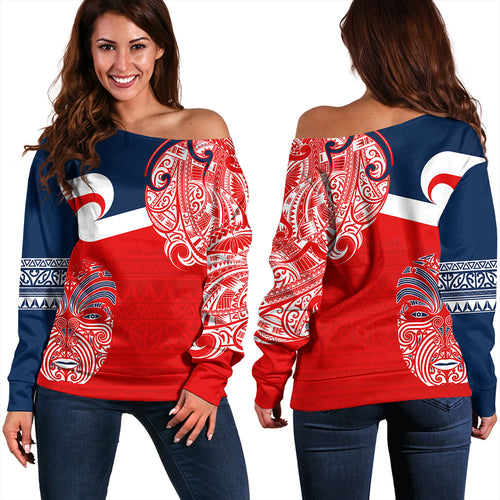 New Zealand Off Shoulder Sweatshirt Tino Rangatiratanga Maori Mask