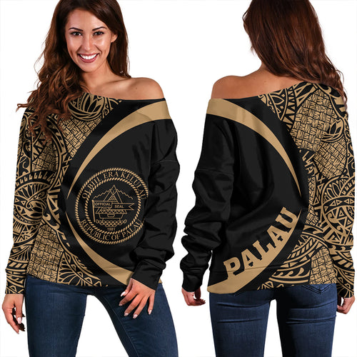 Palau Off Shoulder Sweatshirt Coat Of Arm Lauhala Gold Circle