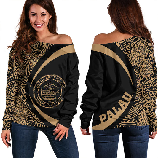 Palau Off Shoulder Sweatshirt Coat Of Arm Lauhala Gold Circle