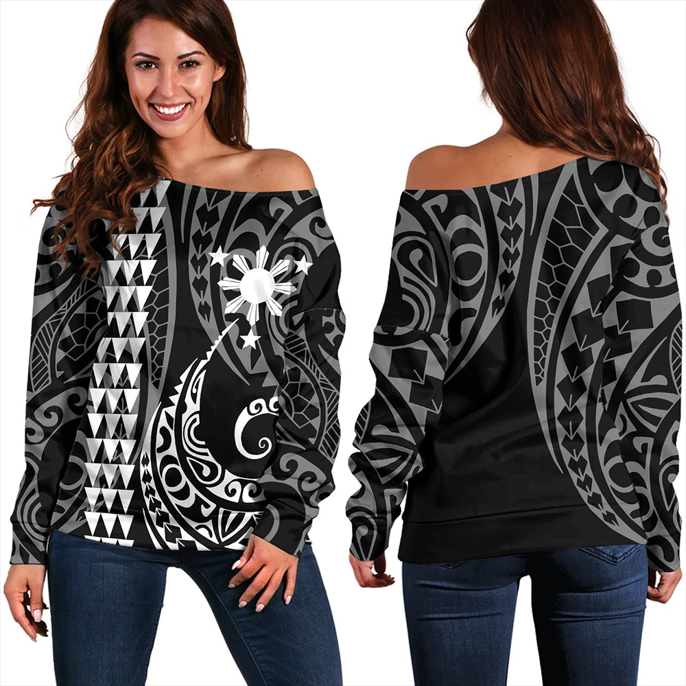 Hawaii Off Shoulder Sweater Kakau Warrior Helmet Gradient Blue Polynesian LT14 main image 1