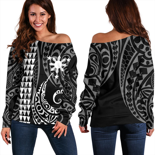 The Philippines Off Shoulder Sweatshirt Sun White Kakau Style