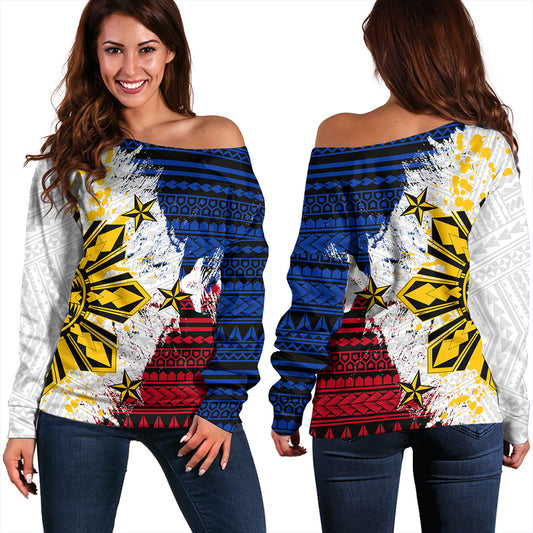 Philippines Off Shoulder Sweatshirt Filipino Sun Flag Grunge Style