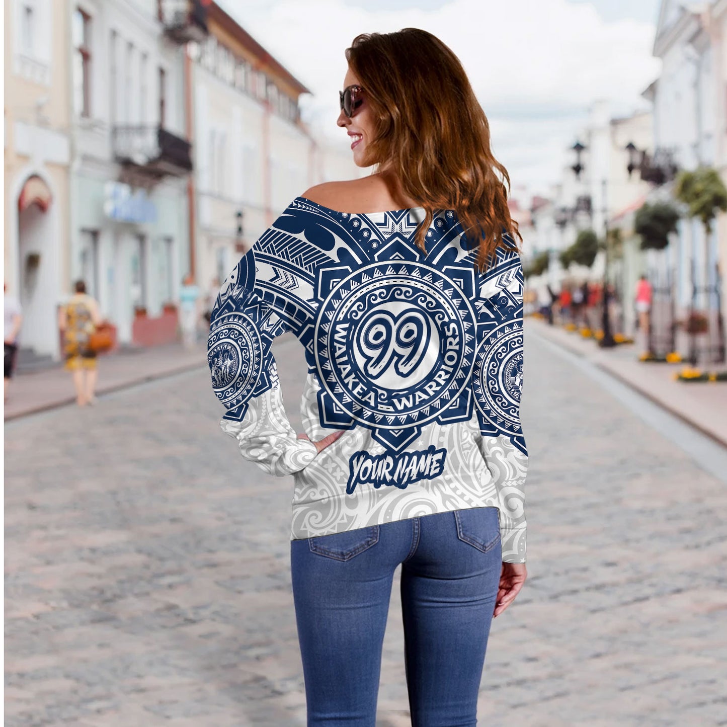 Hawaii Off Shoulder Sweatshirt - Custom Waiakea High School Super Waiakea Warriors Tribal Style