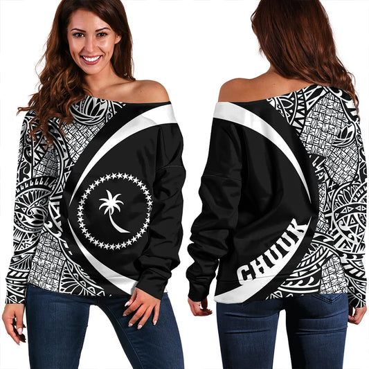 Chuuk Off Shoulder Sweatshirt Coat Of Arm Lauhala White Circle