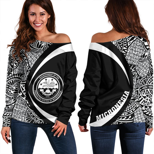 Federated States of Micronesia Off Shoulder Sweatshirt Coat Of Arm Lauhala White Circle