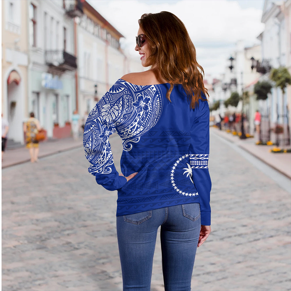 Chuuk Off Shoulder Sweatshirt Polynesian Flag With Coat Of Arms