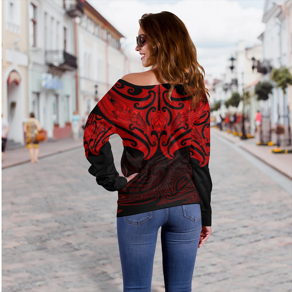 New Zealand Off Shoulder Sweatshirt Maori Red Pattern