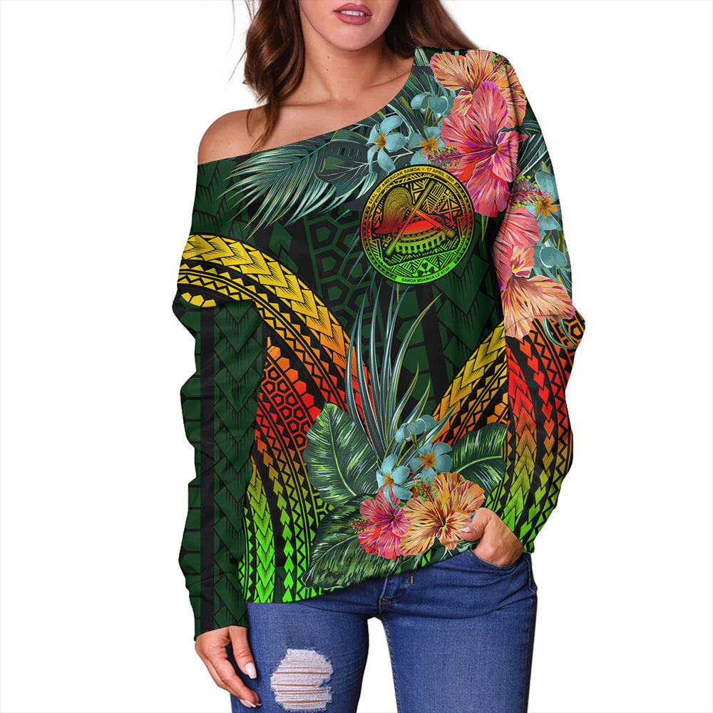 American Samoa Off Shoulder Sweatshirt Polynesian Tropical Style Flower
