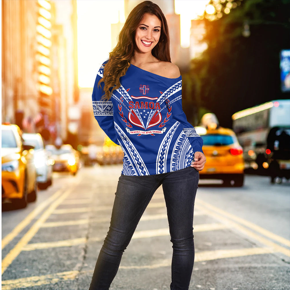 Samoa Off Shoulder Sweatshirt Custom Polynesian Tribal Crest Design
