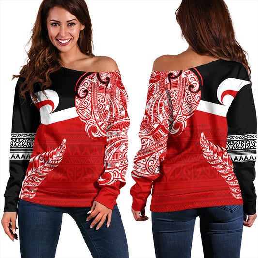 New Zealand Off Shoulder Sweatshirt Tino Rangatiratanga Maori With Silver Fern