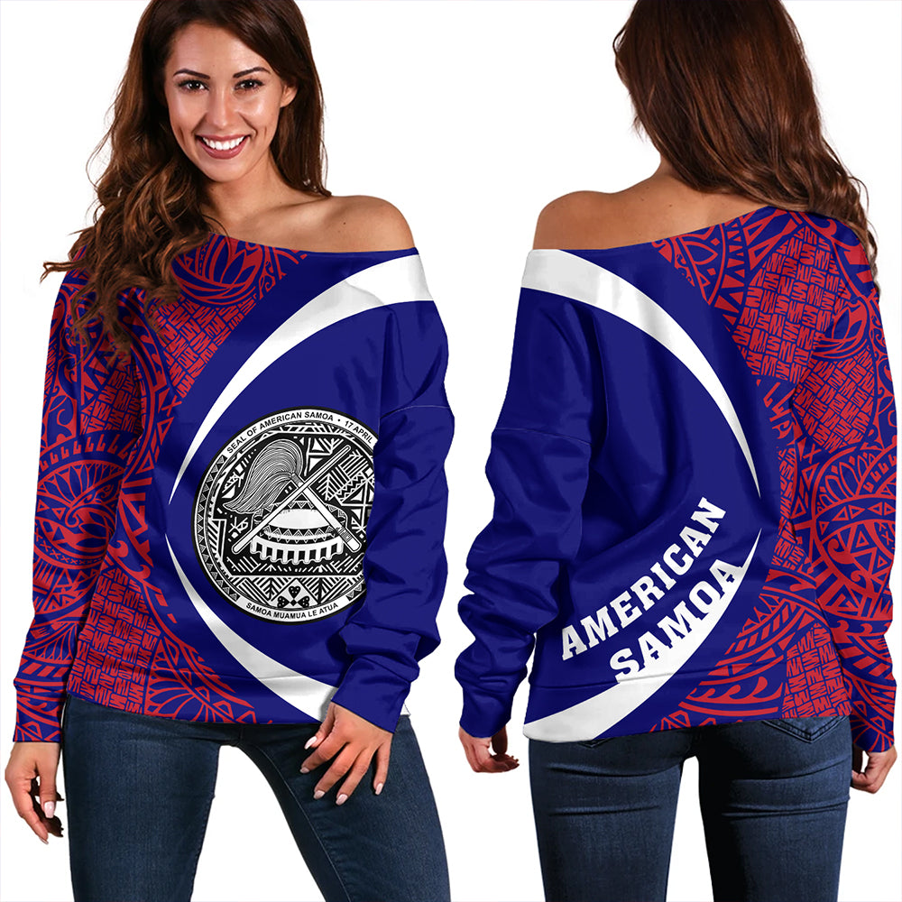 Samoa Off Shoulder Sweatshirt American Samoa Coat Of Arm Lauhala Circle