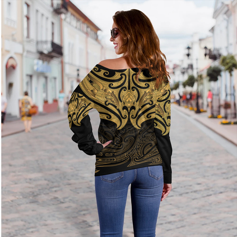New Zealand Off Shoulder Sweatshirt Maori Gold Pattern