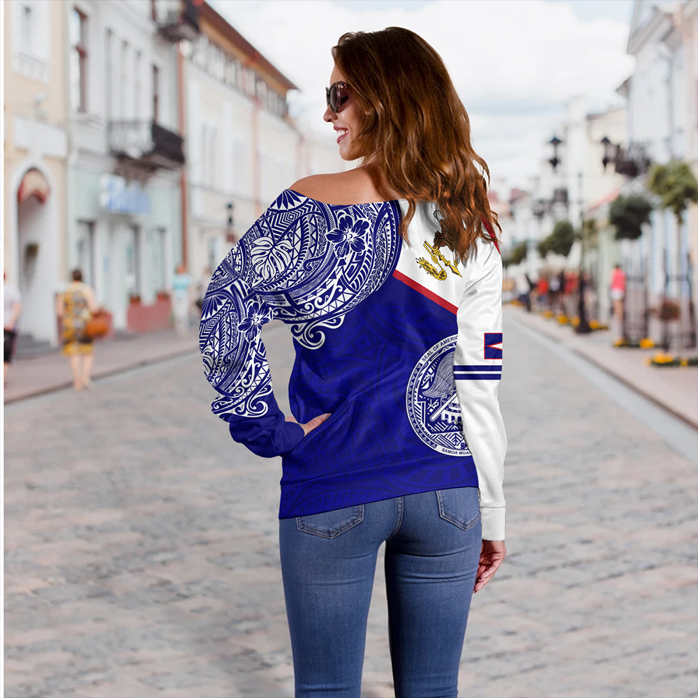 American Samoa Off Shoulder Sweatshirt Polynesian Flag With Coat Of Arms