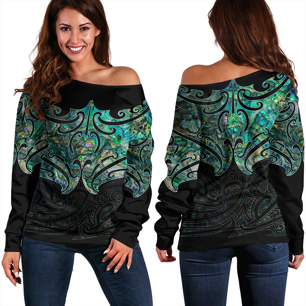 New Zealand Off Shoulder Sweatshirt Maori Papua Shell Pattern