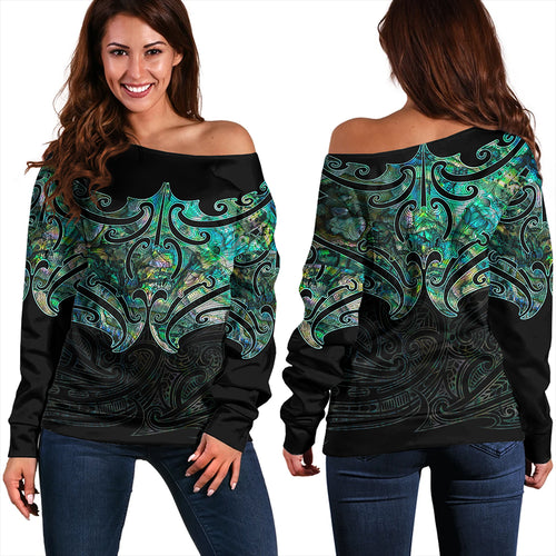 New Zealand Off Shoulder Sweatshirt Maori Papua Shell Pattern