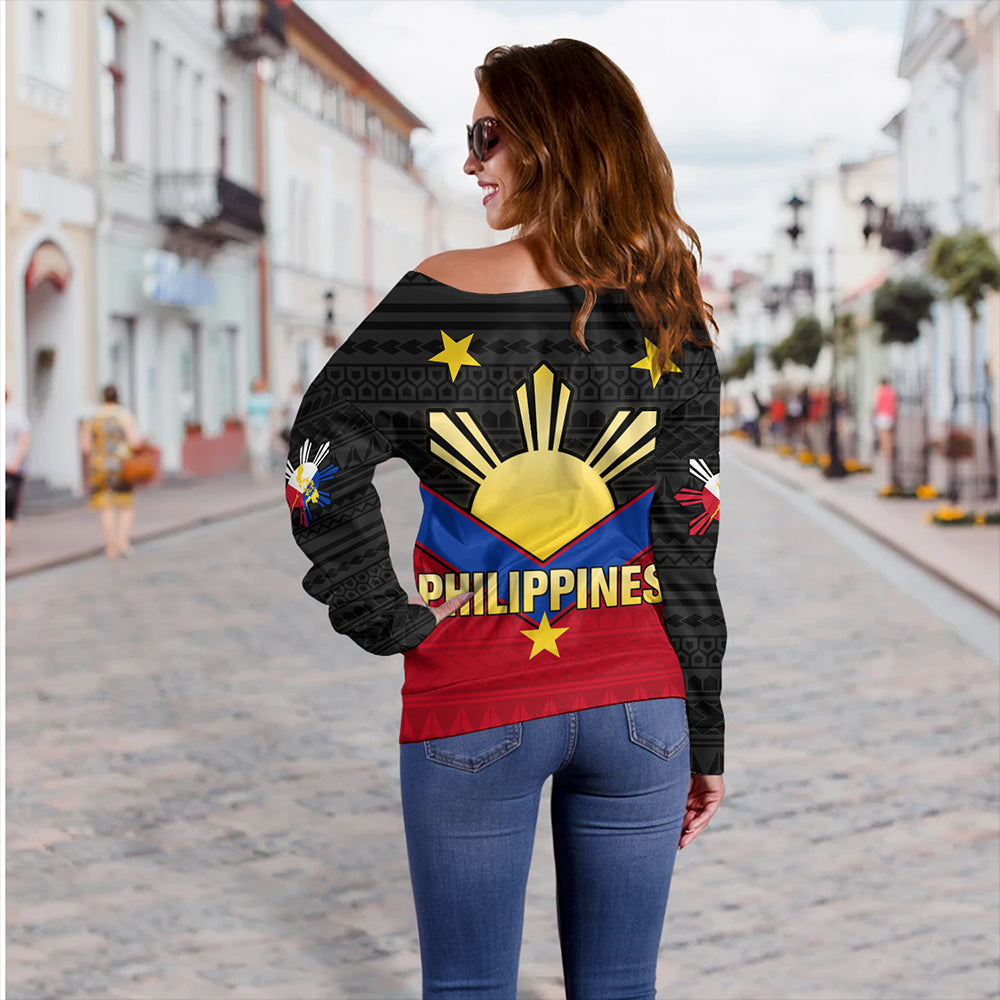 Philippines Off Shoulder Sweatshirt Custom - Philippines Sun Star Sport Style Polynesian
