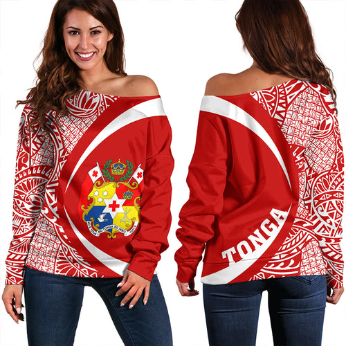 Tonga Off Shoulder Sweatshirt Coat Of Arm Lauhala Circle