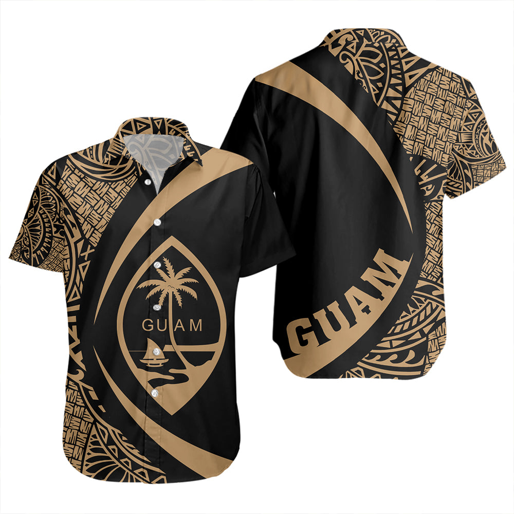 Guam Short Sleeve Shirt Coat Of Arm Lauhala Gold Circle