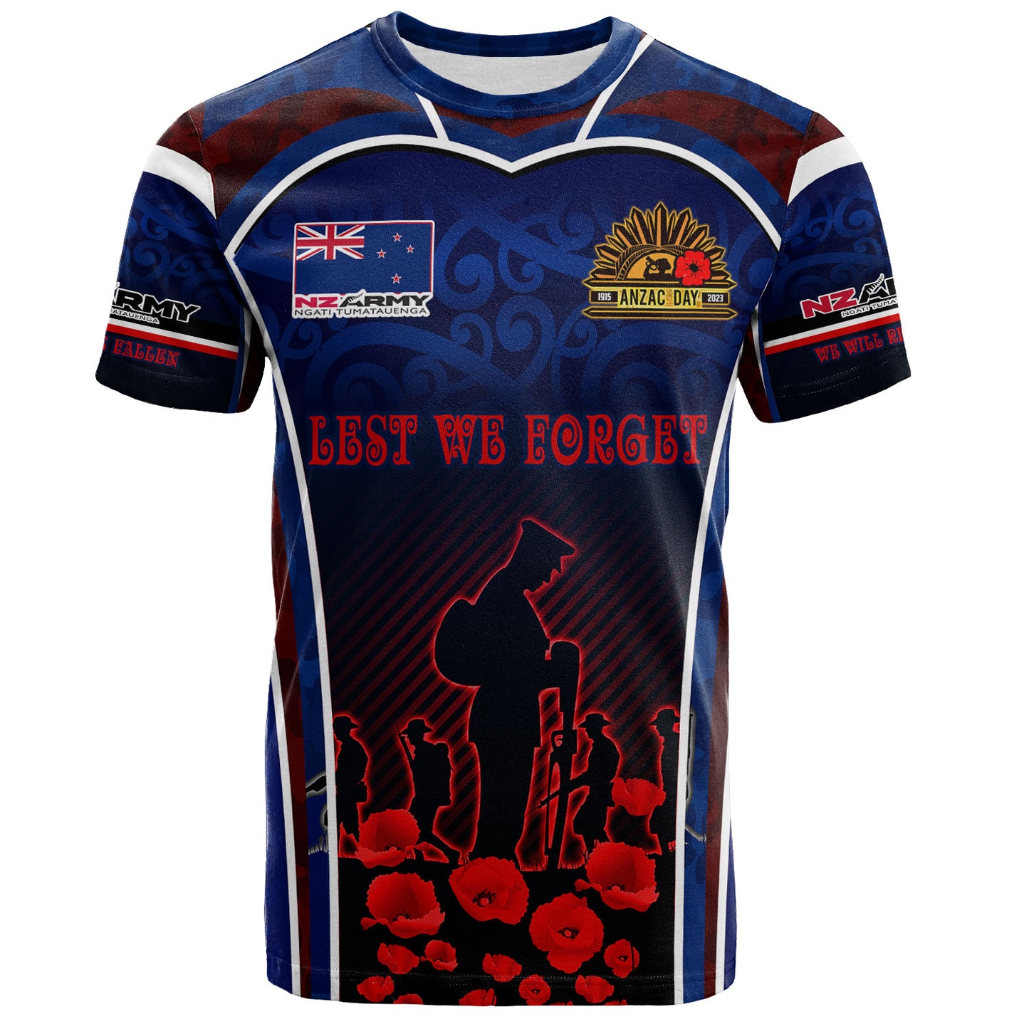 New Zealand T-Shirt Custom New Zealand Army Keeping Anzac Spirit Lives Poppies Flower Maori Style