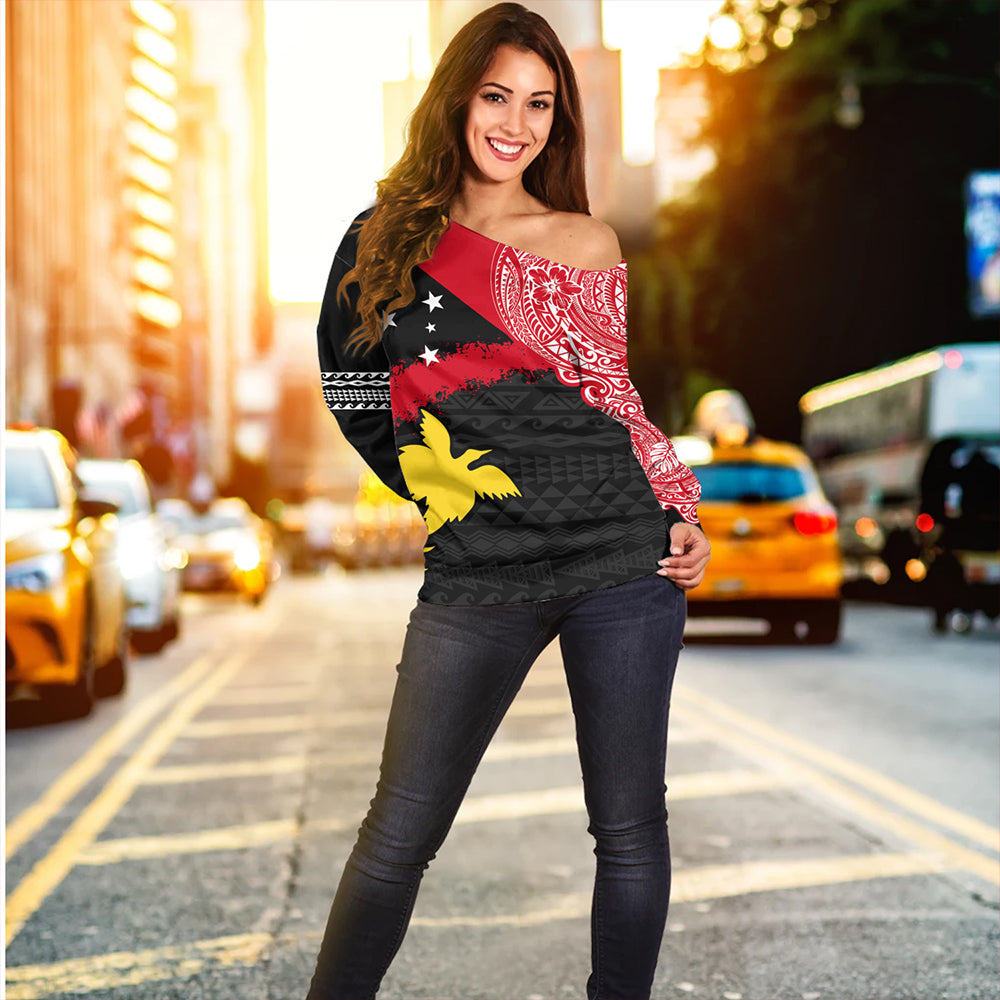 Papua Off Shoulder Sweatshirt Melanesian Flag With Coat Of Arms