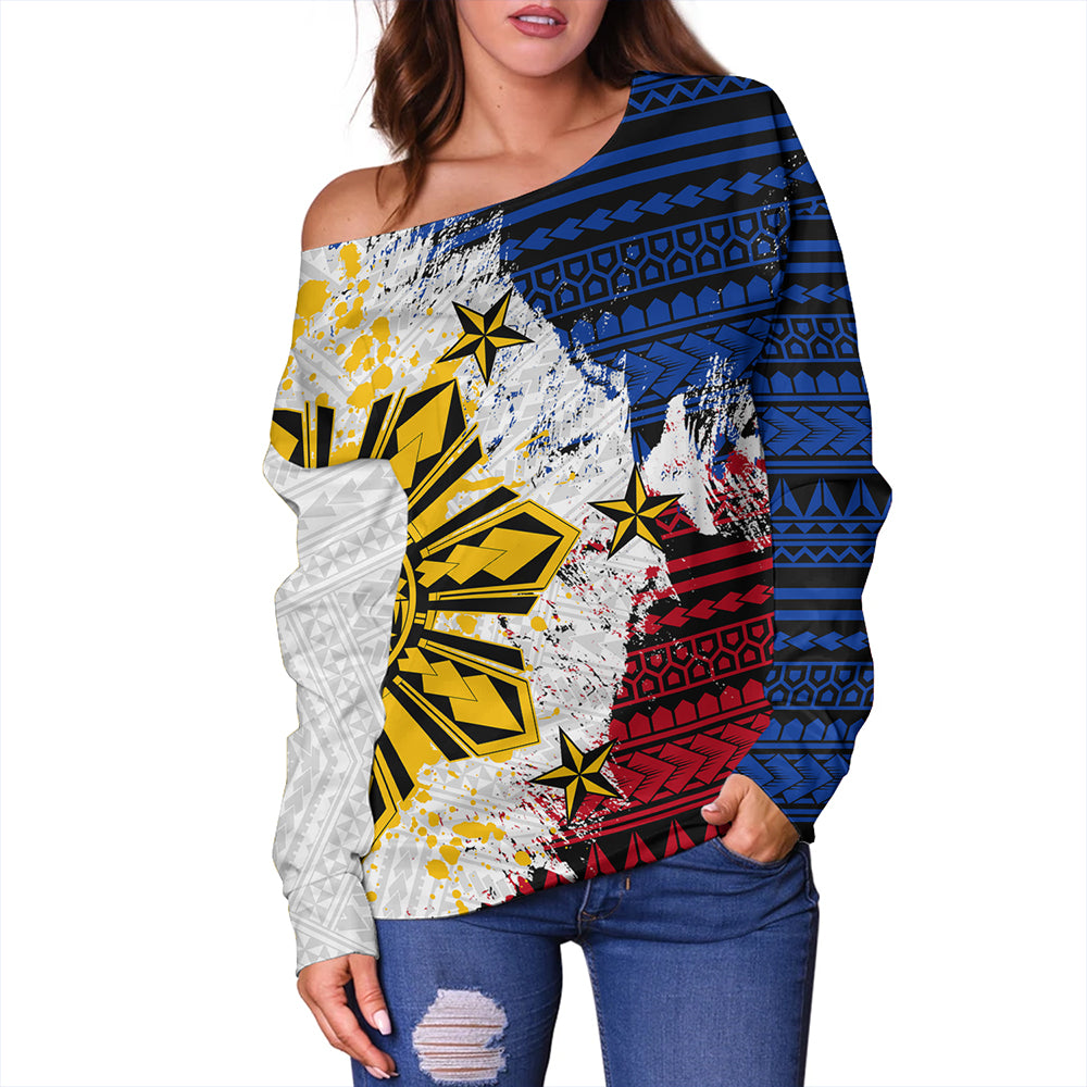 Philippines Off Shoulder Sweatshirt Filipino Sun Flag Grunge Style
