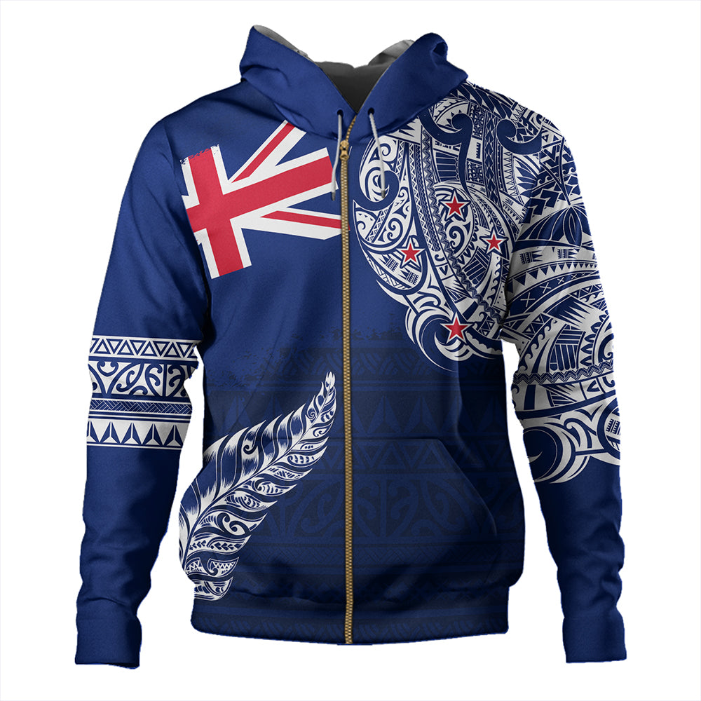 New Zealand Hoodie Aotearoa Maori Tribal Flag With Silver Frern
