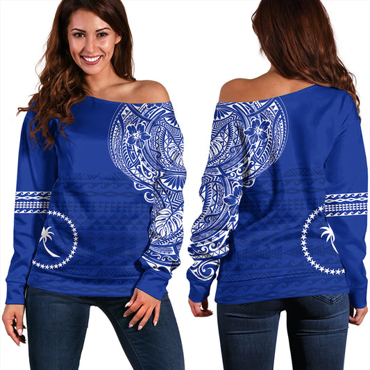 Chuuk Off Shoulder Sweatshirt Polynesian Flag With Coat Of Arms