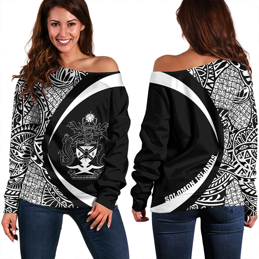 Solomon Islands Off Shoulder Sweatshirt Coat Of Arm Lauhala White Circle